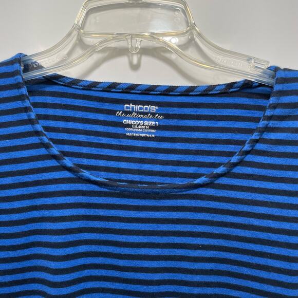 Chico's Top  Blue Striped Ultimate Tee Pima Cotton Side Slit 3/4 Sleeve size M/8 - Picture 2 of 9